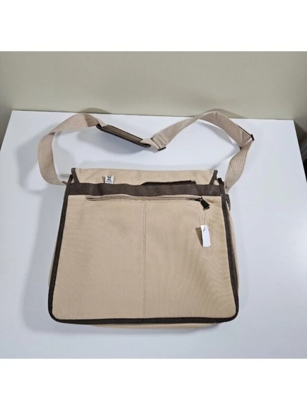 Kanata Sport Crossbody Messenger Bag Beige Canvas Pockets Shoulder Strap FLAW